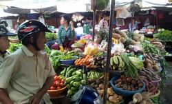 Mercado al aire libre con variedad de frutas y verduras frescas.  